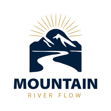 Mountain River Flow Illustration Logo with Sunrise Landscape and Winding River for Travel and Nature Brands