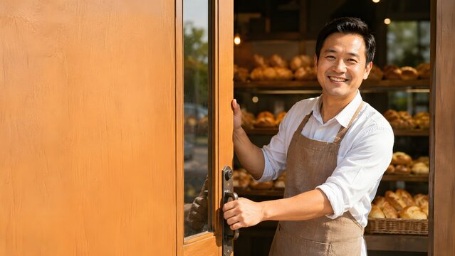 Detailed portrait of a smiling male baker wearing an apron and standing at the wooden door of his bakery shop. Features warm lighting. Perfect for local business ads and menu design.