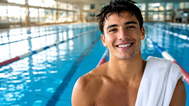 Clear portrait of a happy male swimmer with a towel over his shoulder smiling at an indoor pool. Features bright blue water background. Ideal for sports articles and fitness ads.