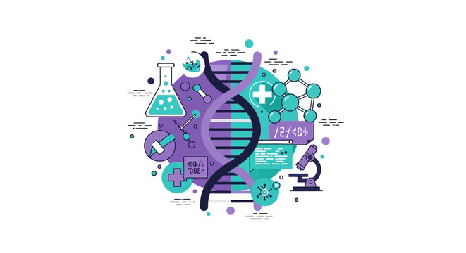Biotechnology and Genetic Research Vector Illustration featuring DNA Helix, Laboratory Equipment, and Medical Data Icons for Science and Healthcare Concepts