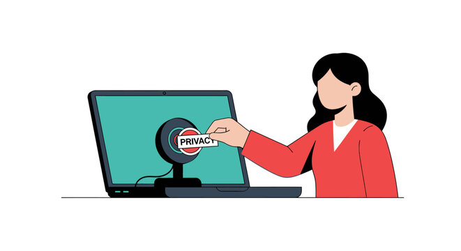 Woman Covering Laptop Webcam with Privacy Sticker Illustration - Cybersecurity and Digital Data Protection Concept