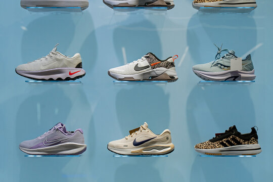 Various footwear displayed at Nike store. Minsk, Belarus - March 31, 2025
