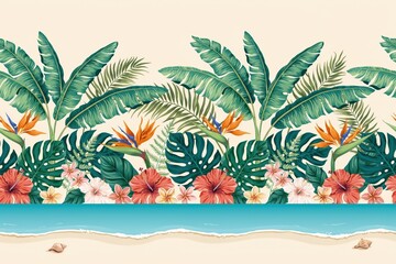 Obraz premium Tropical beach border with monstera leaves, hibiscus flowers, bird of paradise plants, and seashells on a sandy shoreline background
