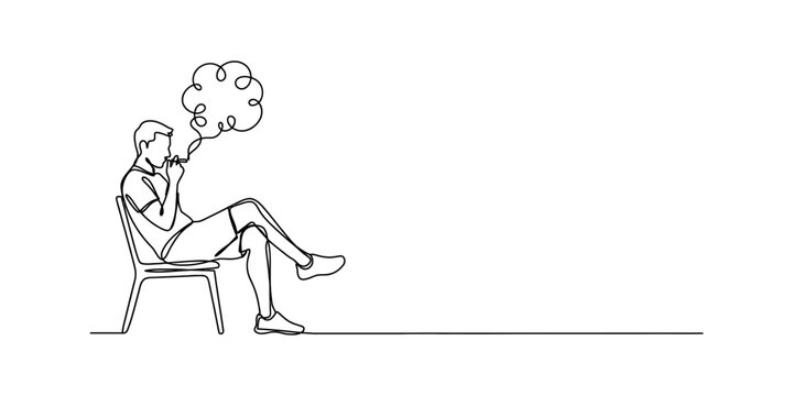 Man sitting on chair smoking and thinking, single line drawing