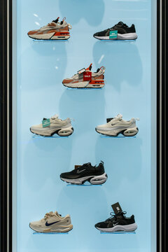 Various footwear displayed at Nike store. Minsk, Belarus - March 31, 2025