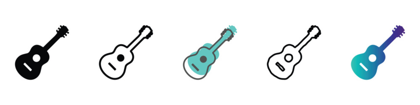Collection of stylized guitar and ukulele icons in various artistic styles