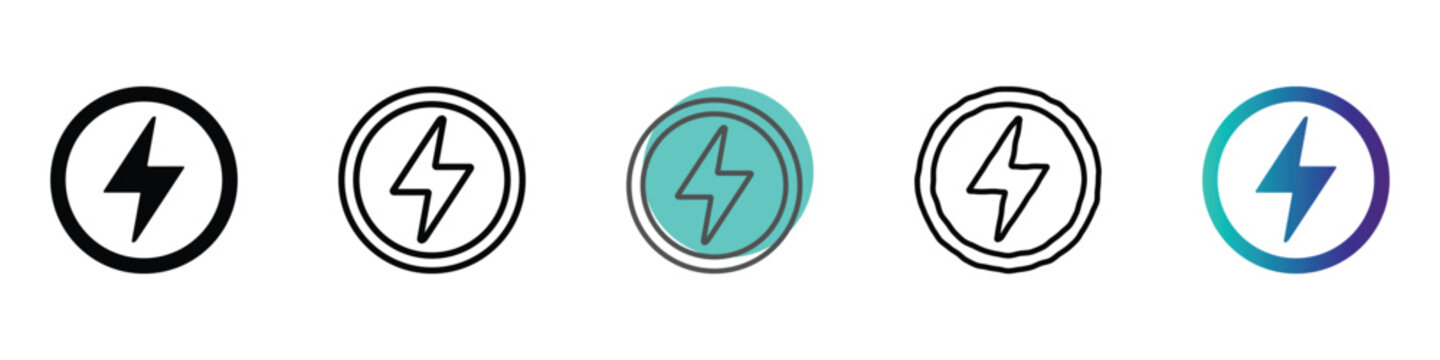 Set of lightning bolt icons in circles representing energy and power