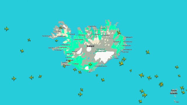 Air Traffic Around Iceland Showing Aircraft Routes Over North Atlantic, aviation map with flights connecting Europe and America