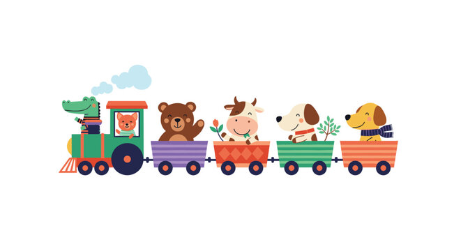Charming cartoon train with colorful cars carrying a variety of happy animal passengers including a crocodile, bear, cow, and dogs.