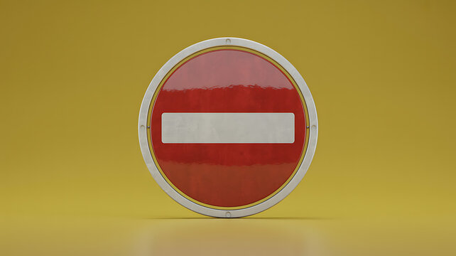 Red no entry sign with white border and rectangle, on yellow background, circular white rectangle