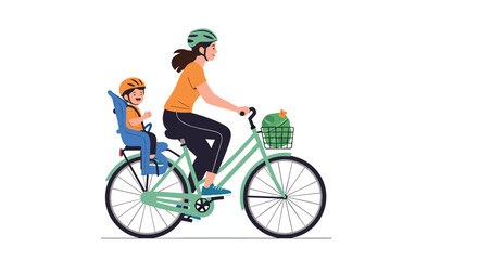 Fototapeta premium Mother riding a bicycle with her young child in a safety seat on the back and a basket full of groceries on the front.