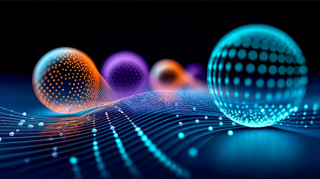 Abstrakter digitaler Hintergrund mit leuchtenden Partikeln, flie&szlig;enden Wellen und futuristischen Datenstrukturen. Dynamische Komposition mit Tiefe, Bewegung und moderner Technologie&auml;sthetik.