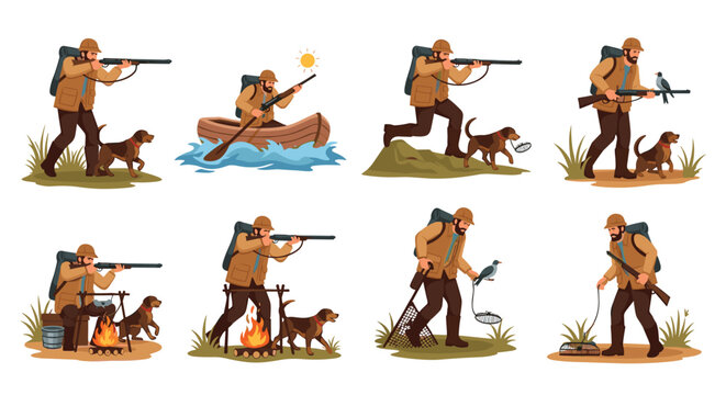 Series of illustrations showing a male hunter in various activities such as shooting, rowing a boat, tracking with a dog, and camping.