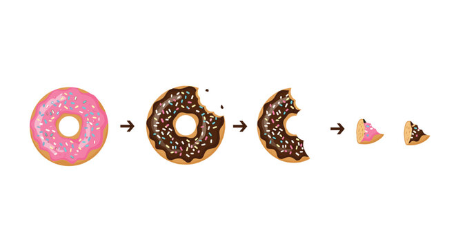 Stages of eating delicious donuts with pink and chocolate icing showing a whole donut being consumed until only crumbs remain.