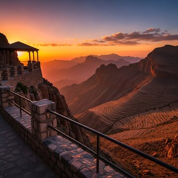 Sunset over rocky desert landscape with old mining carts.