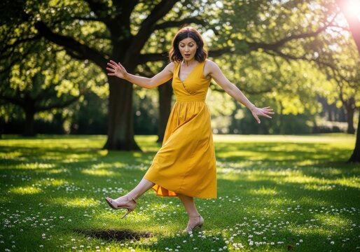 A woman in a yellow dress looking surprised while balancing on one leg in a grassy park