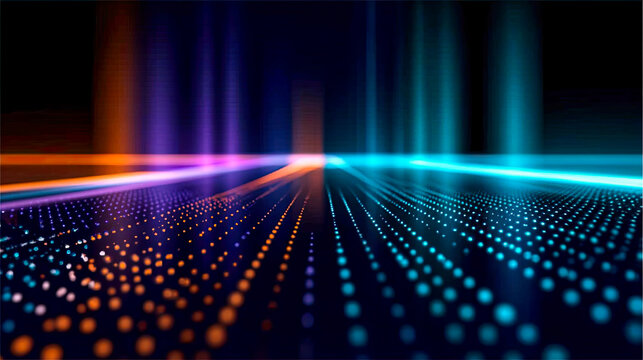 Abstrakter digitaler Hintergrund mit leuchtenden Partikeln, flie&szlig;enden Wellen und futuristischen Datenstrukturen. Dynamische Komposition mit Tiefe, Bewegung und moderner Technologie&auml;sthetik.