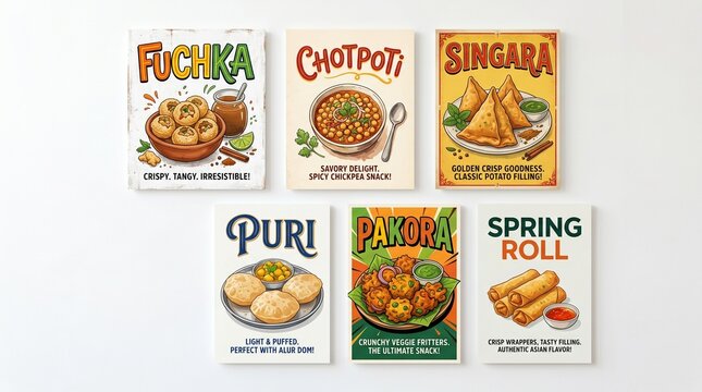 Fuchka, Chotpoti, Singara, Puri, Pakora, Spring Roll Retro Indian Street Food Posters