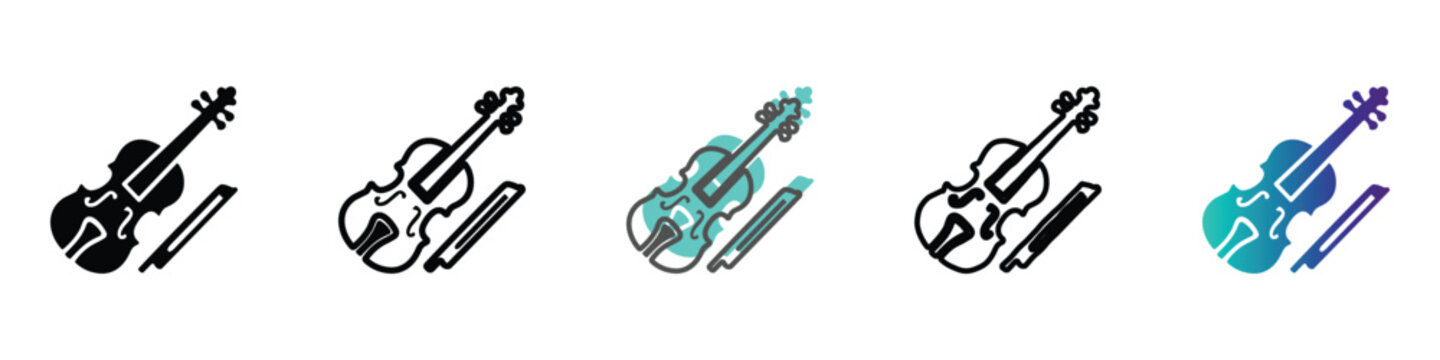 Collection of violin icons in various styles and colors for music and art