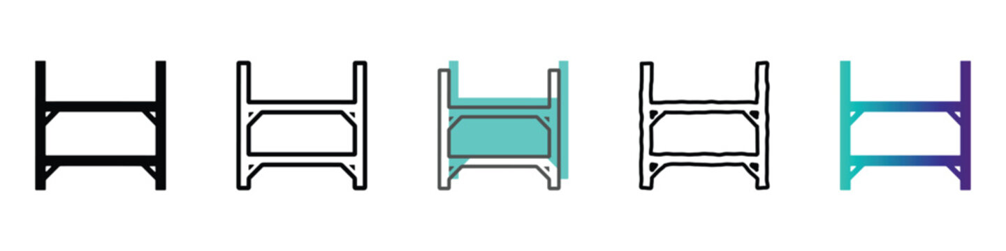 Set of simple icons representing a bunk bed in various styles and colors