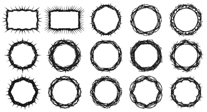 Vector illustration of set of thorn frames and wreaths, circular and rectangular barbed wire borders on a transparent background