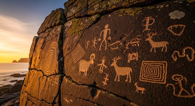 Ancient cave painting of bison and hunters.