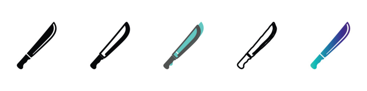 Collection of five different machete icons in various styles and colors