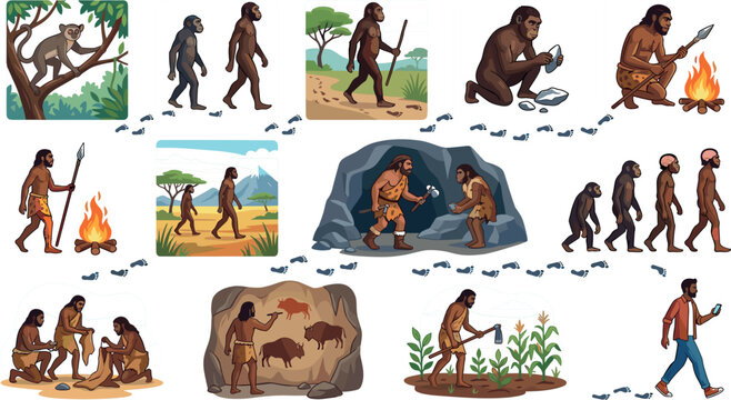 Human Evolution Timeline Illustration Set with Primitive Caveman, Stone Tools, Fire, Hunt, Cave Painting, Agriculture, and Modern Intelligent Man Vector Designs