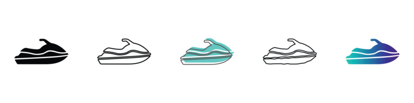 Collection of jet ski icons in various styles and colors on a white background