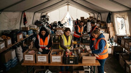 Volunteers Sorting Donated Supplies in Humanitarian Aid Tent, Relief Center Concept
