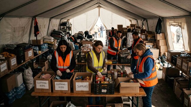Volunteers Sorting Donated Supplies in Humanitarian Aid Tent, Relief Center Concept