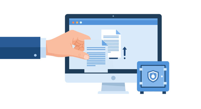 Businessman Hand Uploading Digital Documents to Secure Computer Cloud Storage with Vault Protection - Data Backup and Cybersecurity Concept