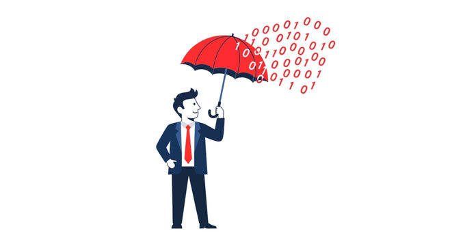 Cybersecurity and Data Protection Concept: Businessman with Red Umbrella Shielding from Binary Code Rain