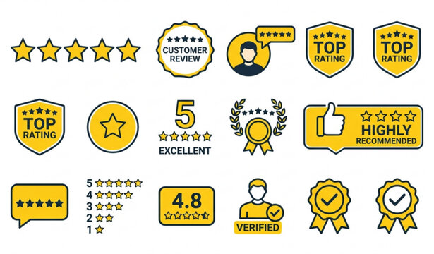 Five star customer rating and review icon set vector illustration