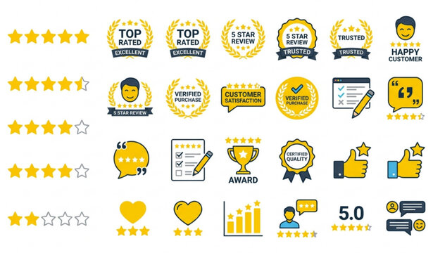 Yellow five star review badge and customer rating icon pack vector design