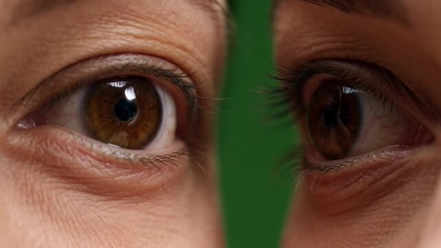 Macro shot of two human brown eyes looking at each other on green screen background.