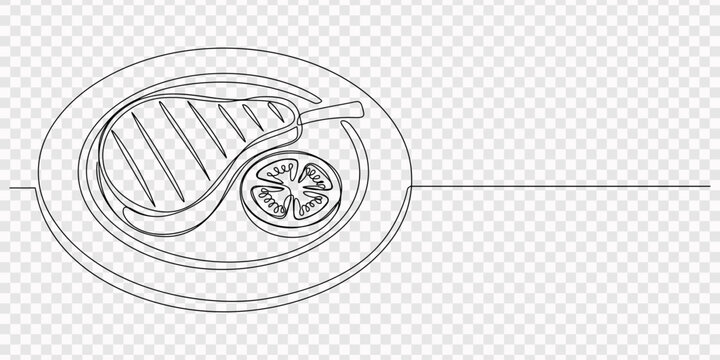 Single continuous line drawing sliced ​​brisket with barbecue sauce, transparent background. A Continuous One Line Art Drawing of a Delicious Steak with Tomato Slice on a Plate, Minimalist and Modern