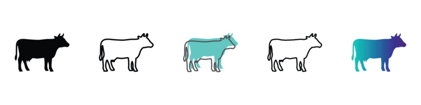 Collection of stylized cow icons in various artistic representations