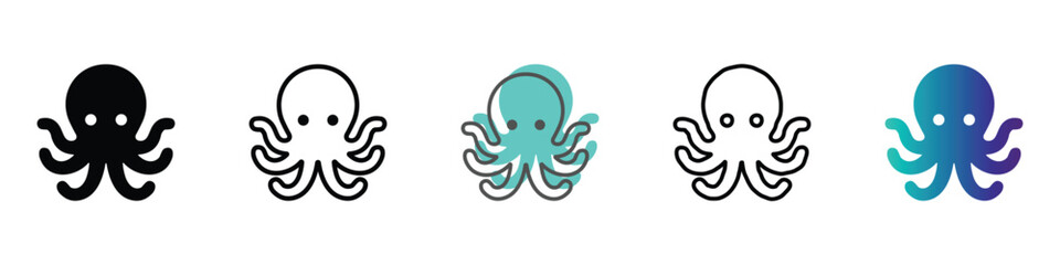 Collection of stylized octopus icons in various designs and colors © Vova7