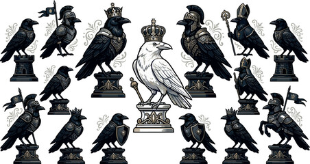Gothic Raven Chess Piece Vector Set with Dark Crow King, Queen, Knight, and Rook Characters Wearing Crowns and Armor for Fantasy Game Graphic Designs © Monirul