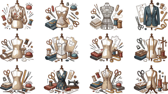 Vintage Tailoring and Dressmaking Icon Set with Mannequins, Scissors, Sewing Machines, Thread Spools, Fabrics, and Measuring Tapes for Atelier and Fashion Branding