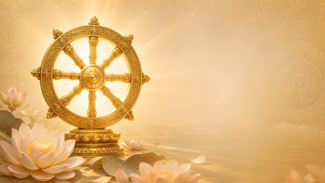 Golden Dharma Wheel with Blooming Lotus Flowers on Water Spiritual Background Banner