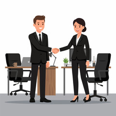 Fototapeta premium Two smiling business professionals, a man and a woman, shaking hands in a modern office setting, symbolizing agreement, partnership, or a successful meeting.