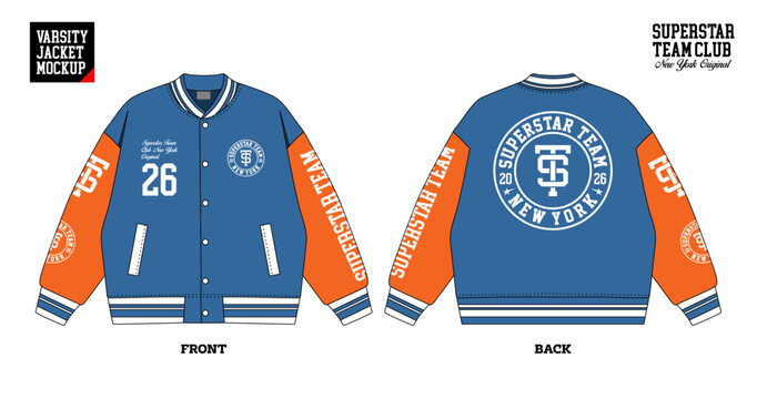 Varsity Jacket Mockup Vector Template Front and Back View College Baseball Style