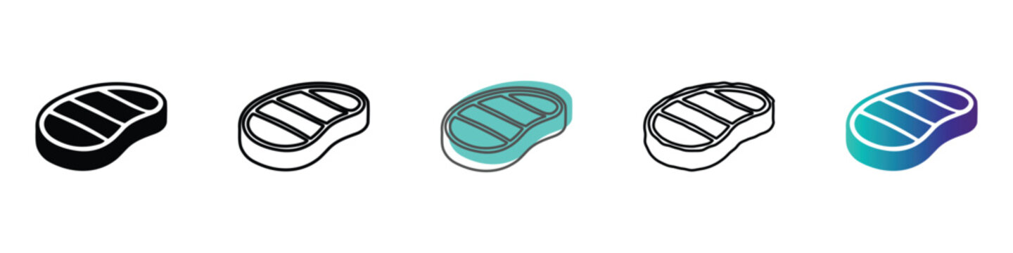Collection of steak icons in isometric perspective, showcasing different styles