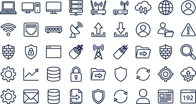 Computer Network and Information Technology Line Icon Set for Cloud Computing, Cyber Security, Database Management Systems, and Web Development Interface Designs