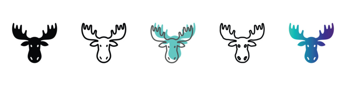Collection of stylized moose head icons in various artistic styles and colors