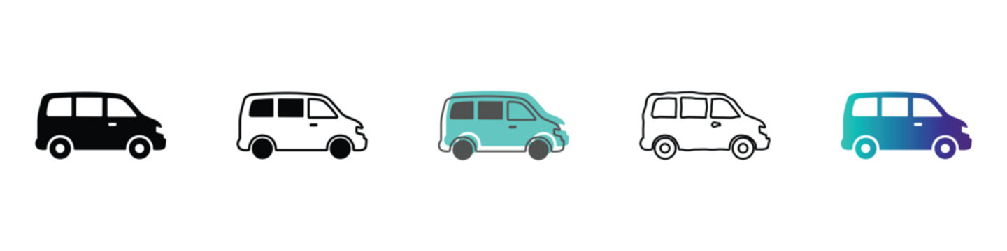 Collection of diverse minivan icons and illustrations in various styles