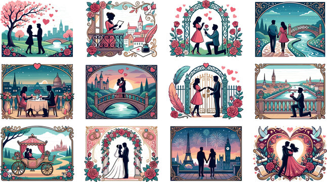 Romantic Romantic Wedding and Valentines Day Vector Illustration Set Featuring Couples Proposal Marriage Scenes Love Stories Flowers and City Landmark Backgrounds