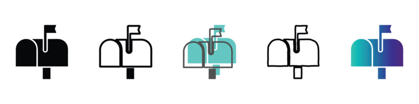 Collection of mailbox icons in various styles and colors for communication